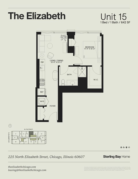 Floor plan for 1 bed, 1 bath, 642 sqft